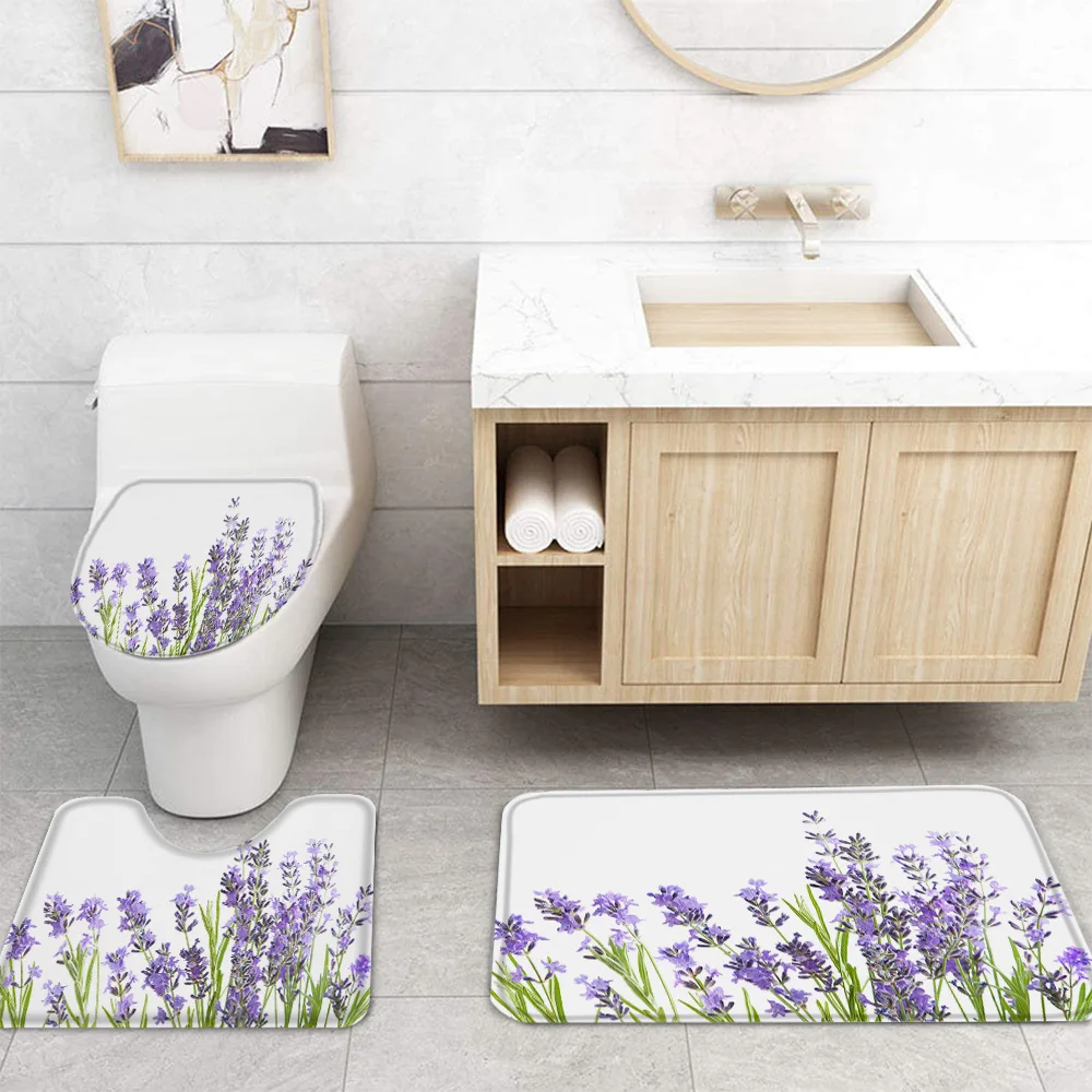 Purple Lavender Shower Curtain Sets Non-Slip Rugs Toilet Lid Cover and Bath Mat Waterproof Bathroom Curtains