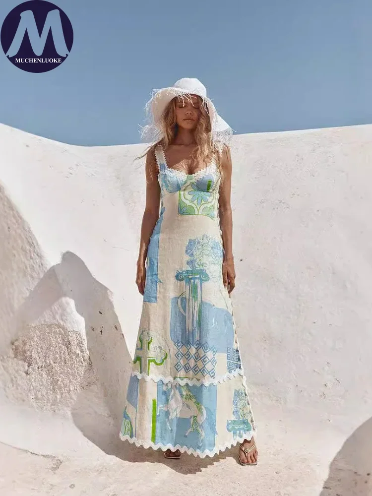 

Elegant Womens Dresses 2025 Summer New Sexy Printed Sleeveless Suspenders Dress Fashionable Casual Loose Bow Lace Up Dresses