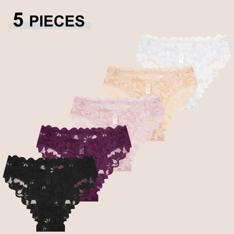 5-teiliges Set Sommer-Spitzenunterwäsche für Damen, Einfarbig, Hochwertig, S-XL, Elastische Niedrige Taille, Sexy Dessous, Neu