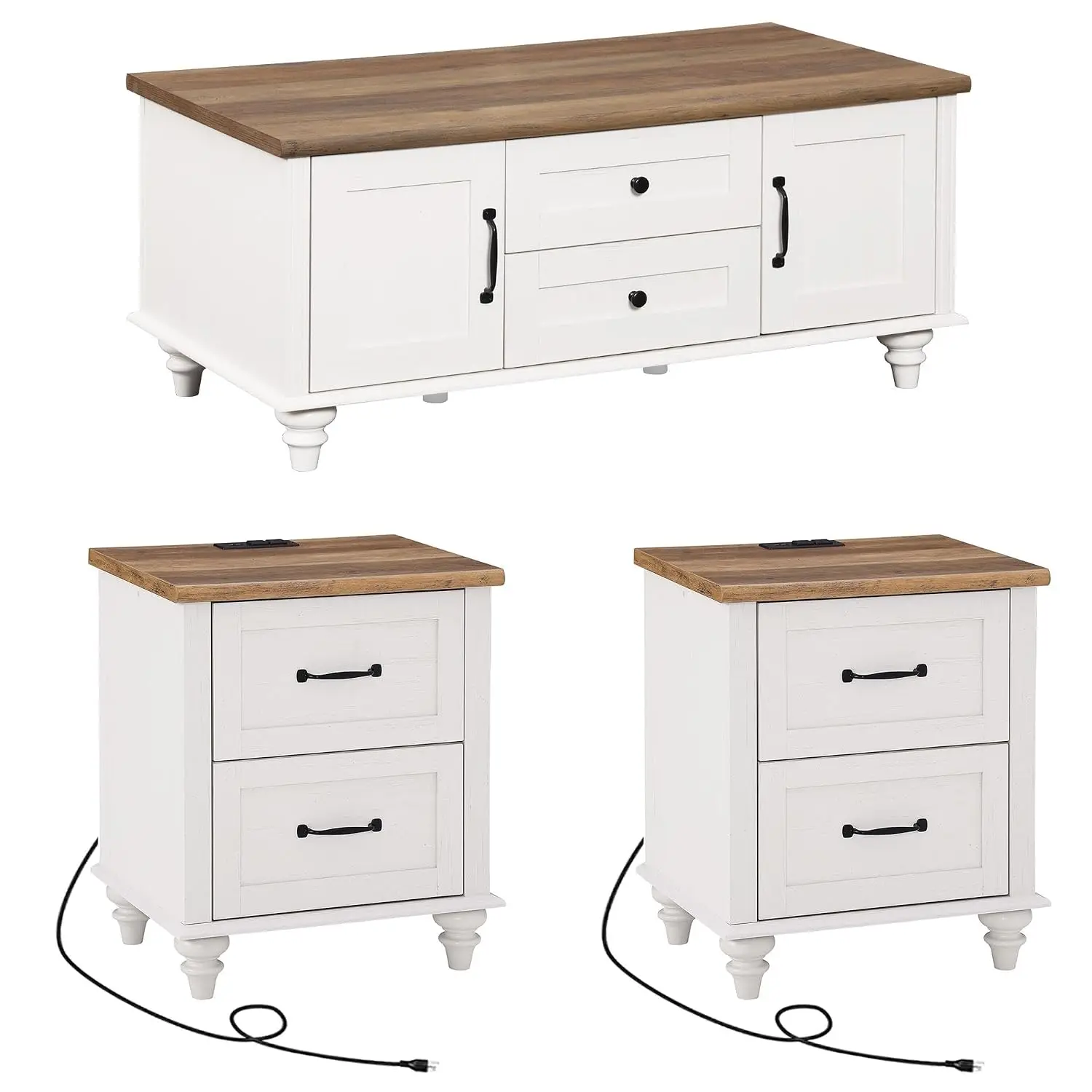 3-Piece Living Room Table Set with Charging Station & Storage Cabinet, Off White, Customized