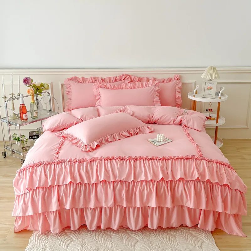 Juego de funda nórdica de algodón con volantes franceses, juego de ropa de cama individual doble King QUEEN