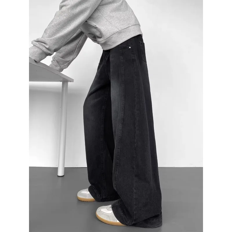New Spring Autumn Men Jeans Washed Spliced Loose Wide Leg Floor‑Length Pants American High Street Hip Hop Casual Denim Trousers
