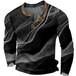 Henley - Men's 3D printed retro fashionable street clothing, button up long sleeved T-shirt. 24 Year New Top