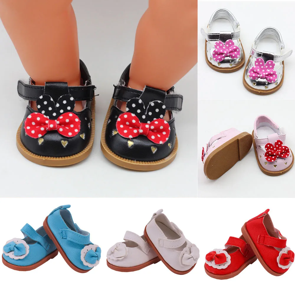 

43CM Born Baby Doll Leather Shoes 7CM Cute Bow Design for 18 Inch American Doll Toys Compatible with Our Generation