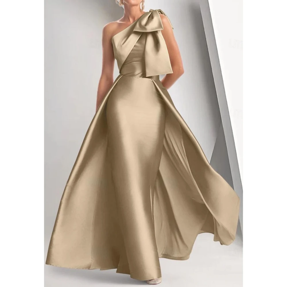 

Elegant Asymmetrical-Neck Sleeveless Mermaid Evening Dress One-Shoulder Satin Formal Gowns with Bow