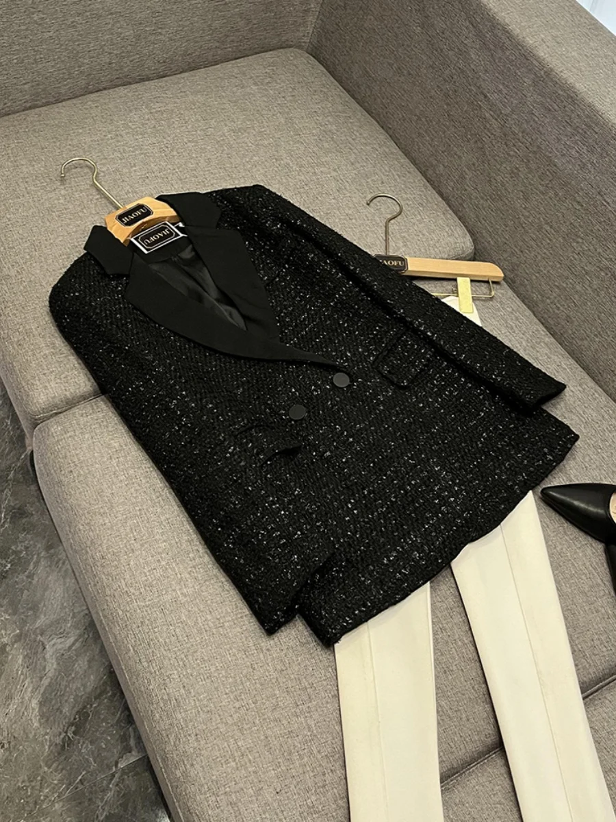 

Ele Long Sve Velvet Suit Jaet iny Tead Weave Pattern Rabbit Fur Trim Commute Sle Women's Faion Chinese Made