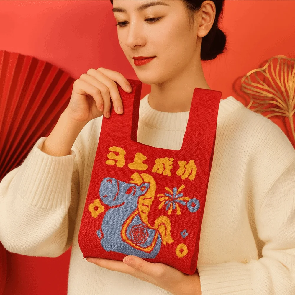 

Cute 2026 Year of the Horse Horse Knot Wrist Bag Handmade Chinese style New Year Knitted Bag Gift Purse Reusable Tote Bag Travel