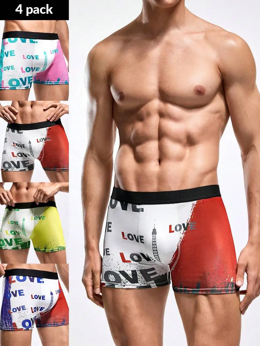 

Mens Love Letter Print Color Block Boxer Briefs 4 Pack