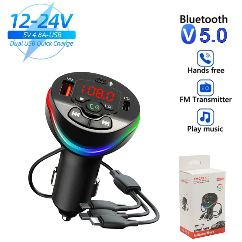 Bluetooth Car FM Transmitter PD USB Car Adapter 5 port  Fast Charger Handsfree Radio Modulator MP3 Player For IPhone Huawei