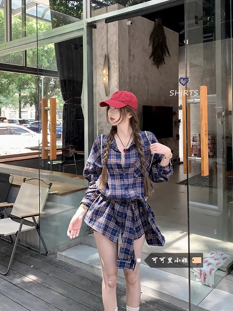 

Модная клетчатая рубашка на талии со шнуровкой, женская свободная рубашка с лацканами, однобортная блузка с длинными рукавами, новинка лета