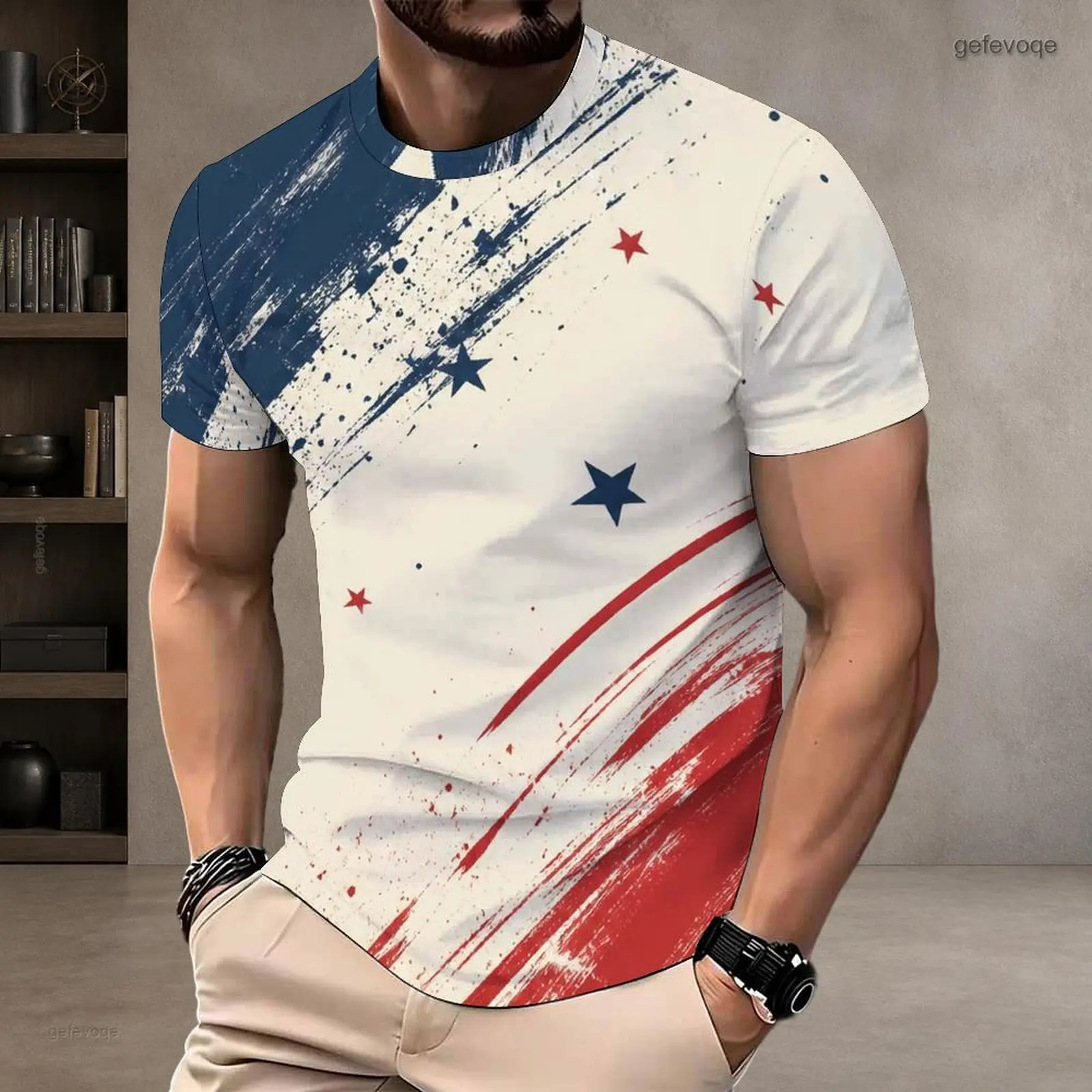Men Printed Round Neck Short Sleeve T-Shirt, Eagle Sunburst Red Blue White Star Stripe Pullover Top