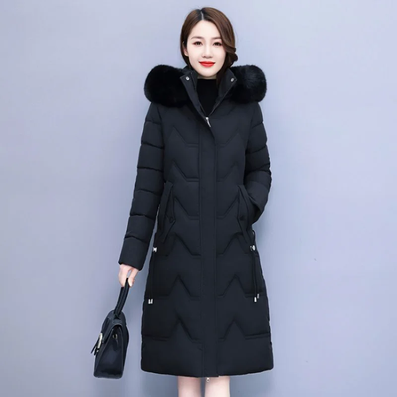 2023 New Women Down Cotton Coat Winter Jacket Female Thicken Below The Knees Pure Color Parkas Loose Outwear Fur Collar Overcoat