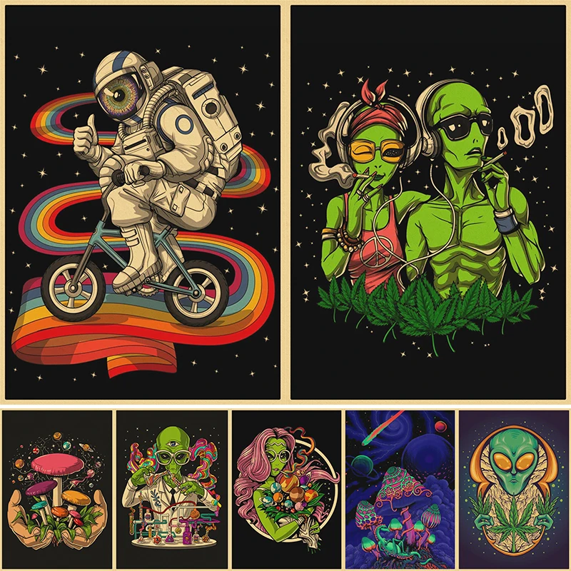 Psychedelic Alien Space Astronaut Kraft paper Poster Club Bar Paper Vintage Poster Wall Art Painting Bedroom Study Stickers