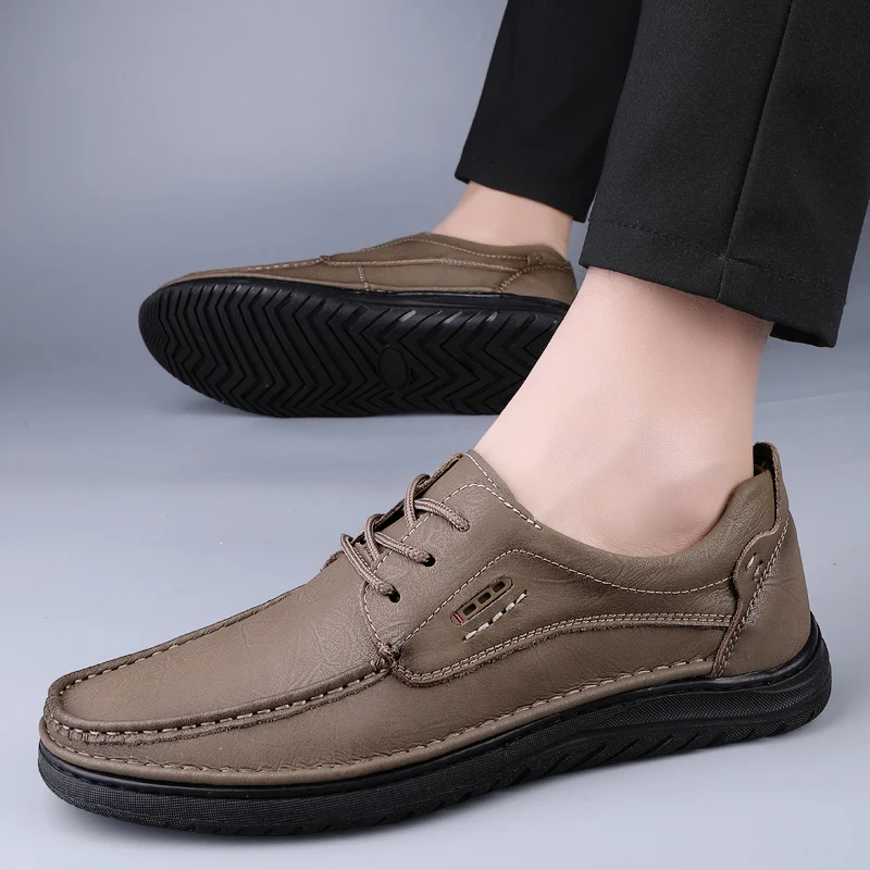 2024 double-layer cowhide thick soled breathable casual leather shoes for men's casual fashion classic hand sewn shoes