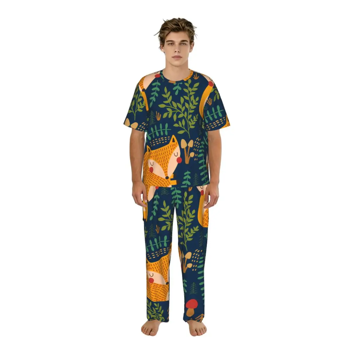 

Men Pajamas Suit Short Sleeved Long Pants Cute Fox Print Sleepwear Summer Home Clothing Set