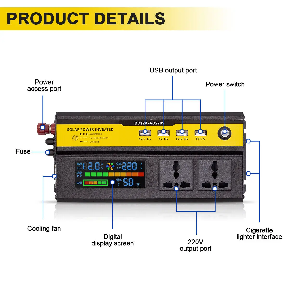 محول طاقة السيارة بموجة جيبية رقمية 6000 وات، 4 محول USB DC 12V إلى AC 240V