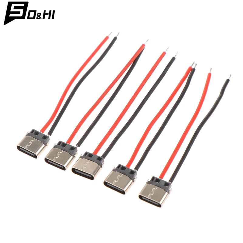 5Pcs Type-C 2pin Soldered Female Base W/ Wire Typec Female Socket For Mobile Phone Charging Type -c Port Charging Interface Jack