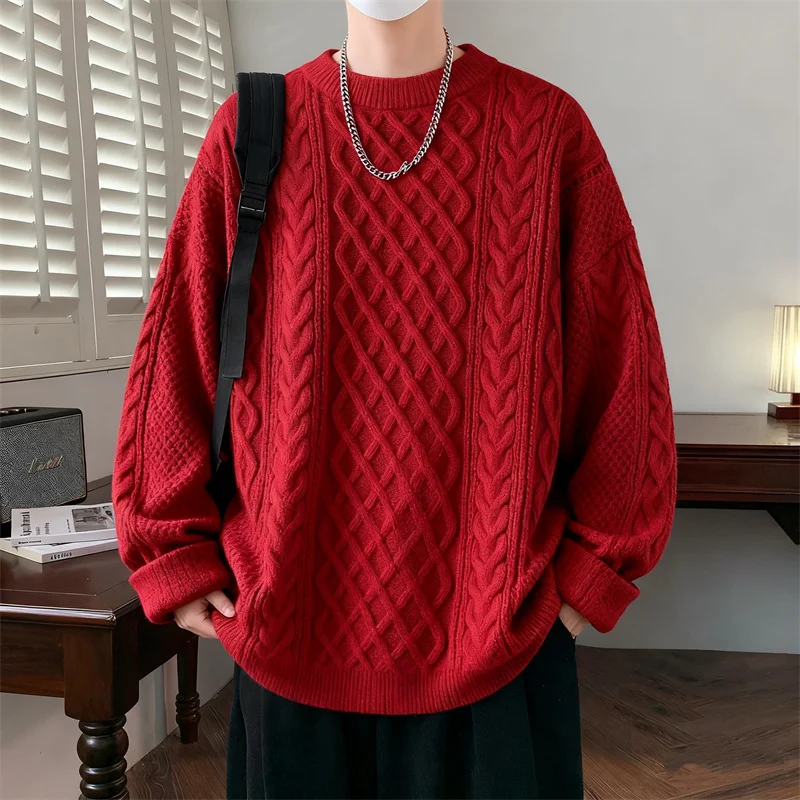 

Red Sweaters Mens Chrismas Minimalist Solid Sweater Men Knit Design Winter Warm Round Neck Pullover Versatile Basic Top Male 3XL