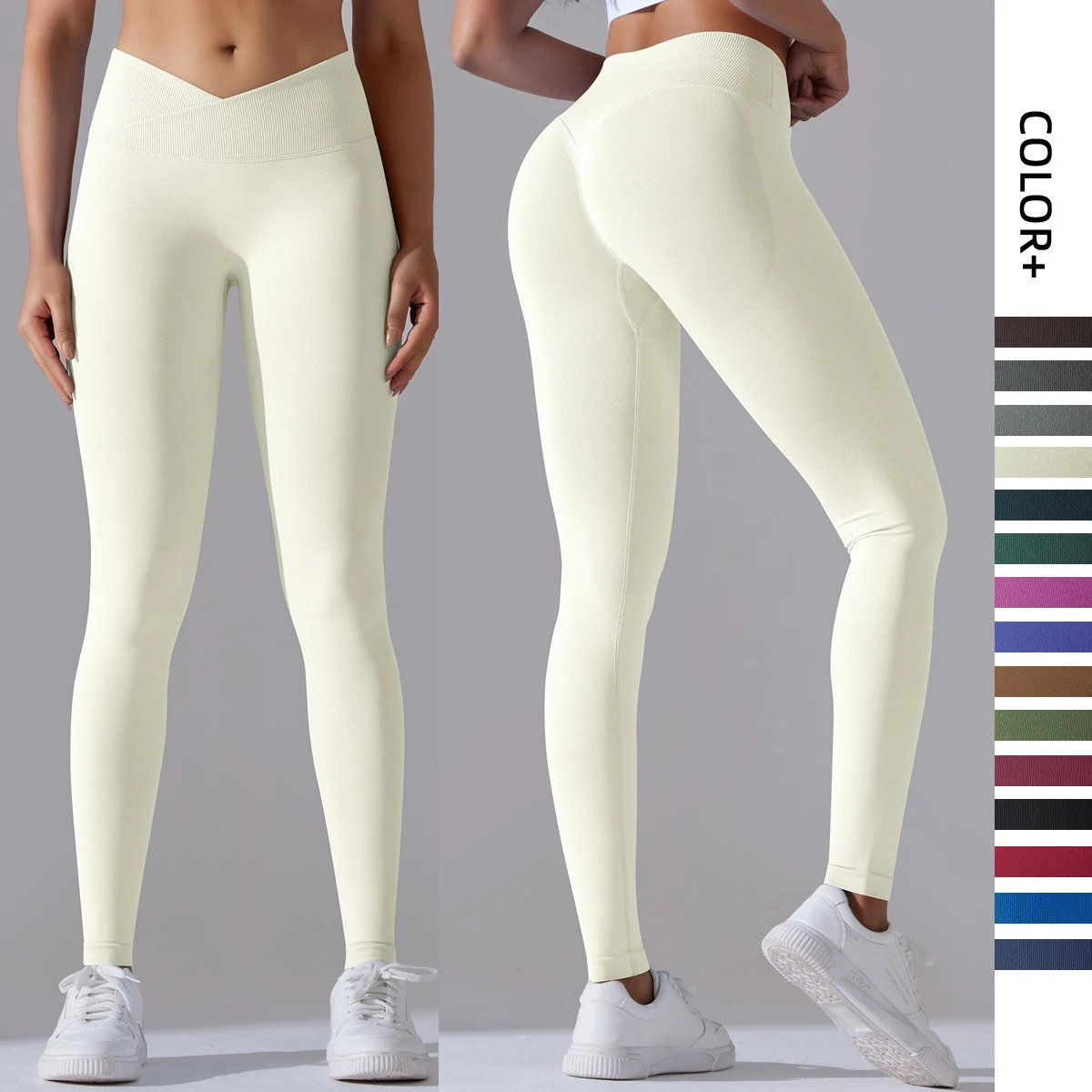 Seamless lycra sports leggings Knit Breathable Solid Color Crossover Waist Peach Butt Yoga Pants Running Fitness Pants Women