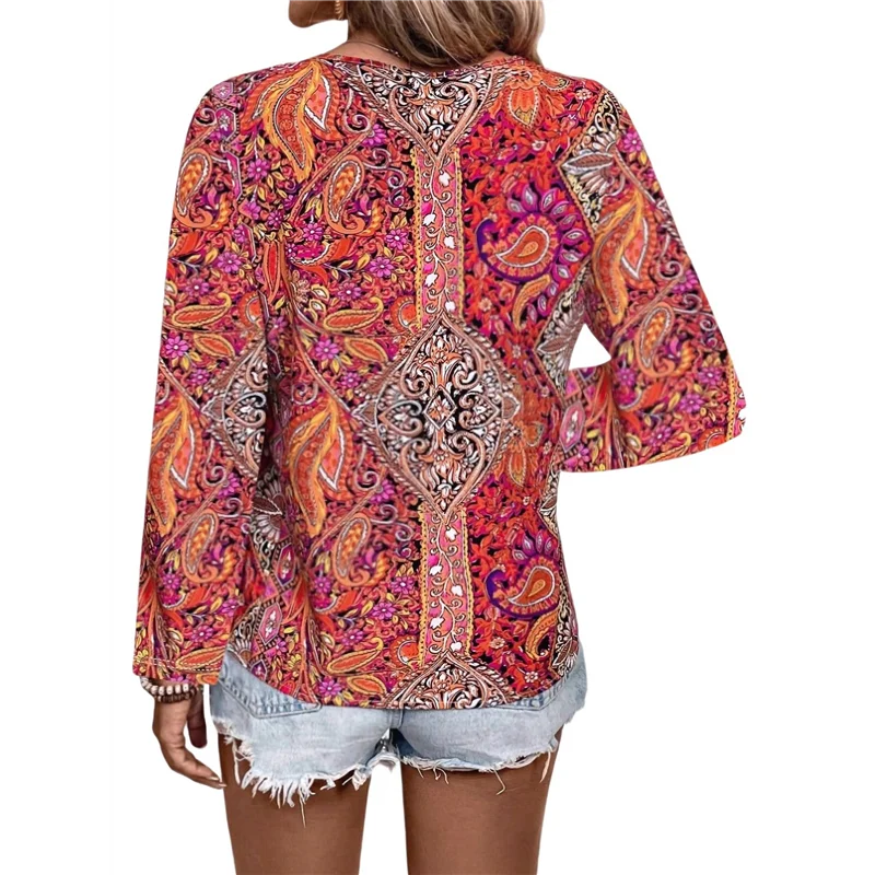 

【】Women's Bohemian Print V-Neck Long Sleeve Casual Blouses Shirts