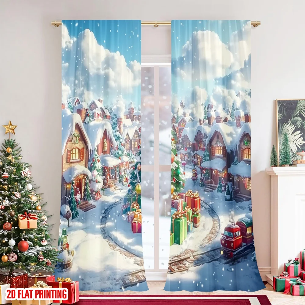 2 قطعة 2D الطباعة المسطحة عيد ميلاد سعيد الستائر الشتاء العجائب شجرة عيد الميلاد المشهد الرقمية المطبوعة البوليستر الستائر الأسرة #6
