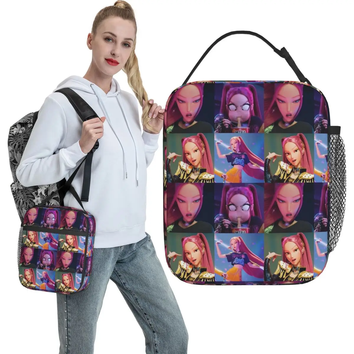 HUNTRIX Mira Kpop Demon Hunters bolsa de almuerzo divertida lonchera escolar conveniente bolsas de almuerzo térmicas para niños bolsa refrigeradora con estampado Oxford
