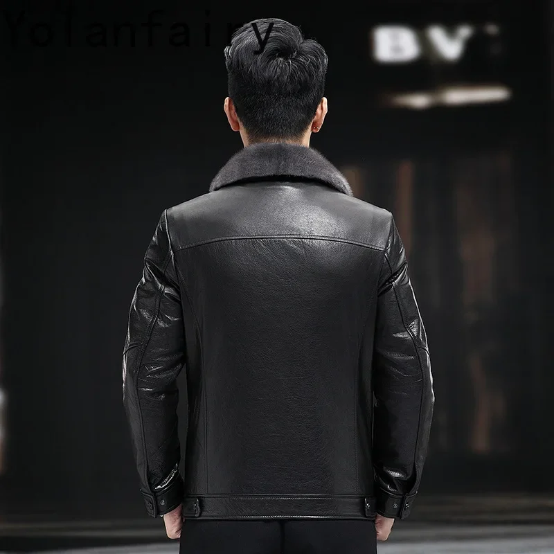 YOLANFAIRY Cowskin Men's Clothing Genuine Leather Autumn Winter White Duck Down Liner Coats Mink Collar Jacket Chamarras De Piel