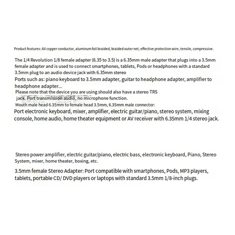 อะแดปเตอร์เสียง6.35มม. 1/4ตัวผู้ถึง3.5มม. แจ็คสเตอริโอตัวเมีย1/8สำหรับเครื่องขยายเสียงกีตาร์คีย์บอร์ดเปียโนโฮมเธียเตอร์