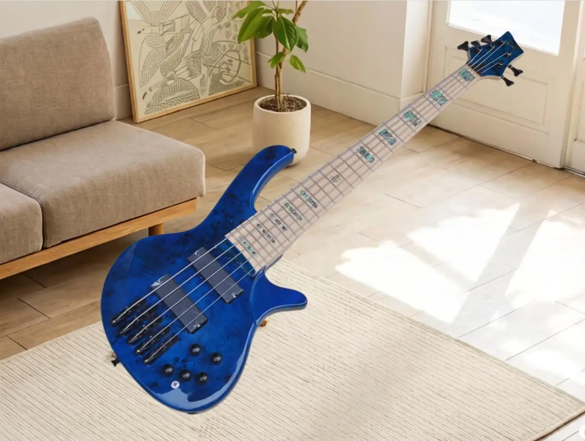 5 strings blue bass guitar, ash wood body, Burl maple top, black single bridge, active and passive switch