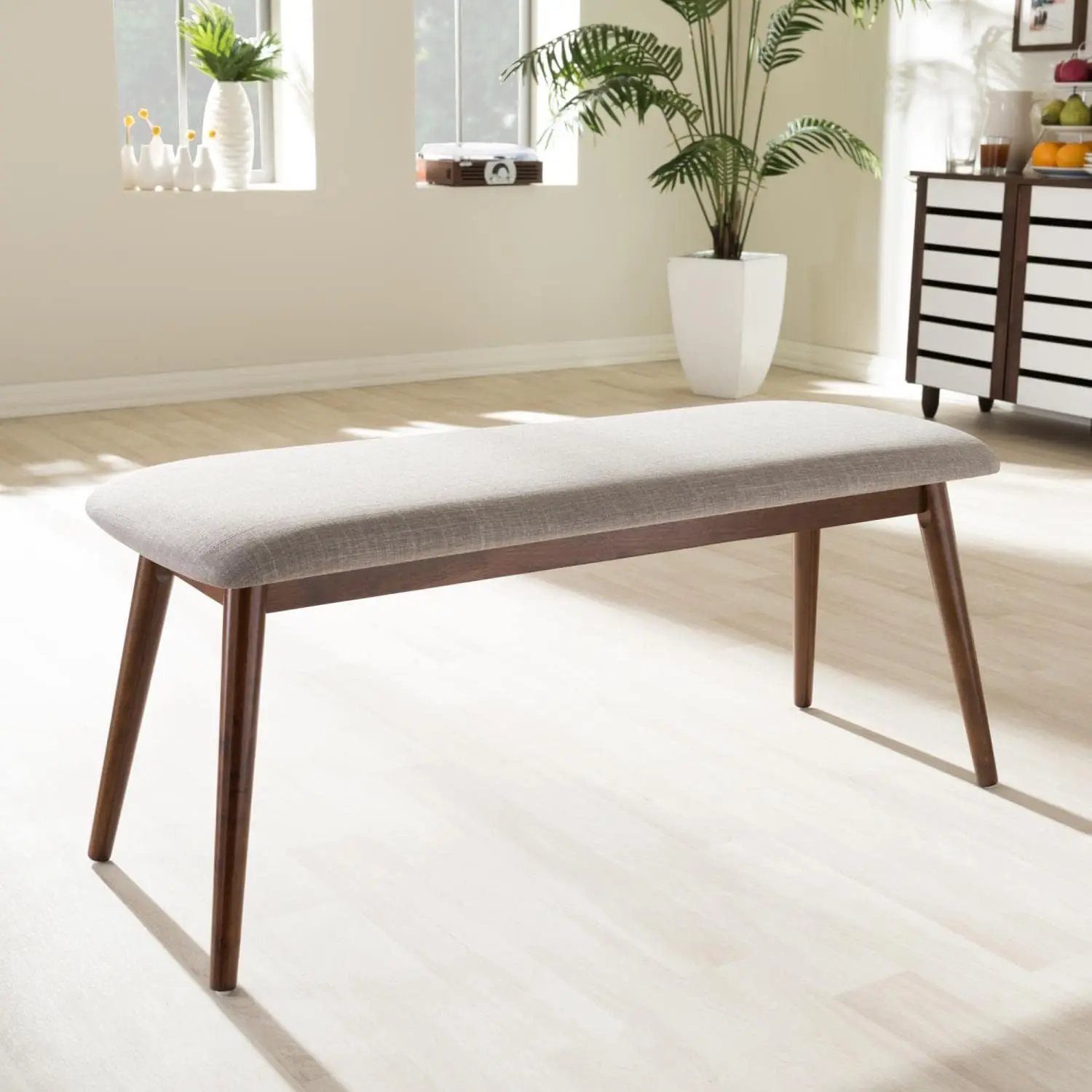 Acabamento Wood Dining Bench para meados do século, Modern Light Grey Fabric, OakMedium Brown