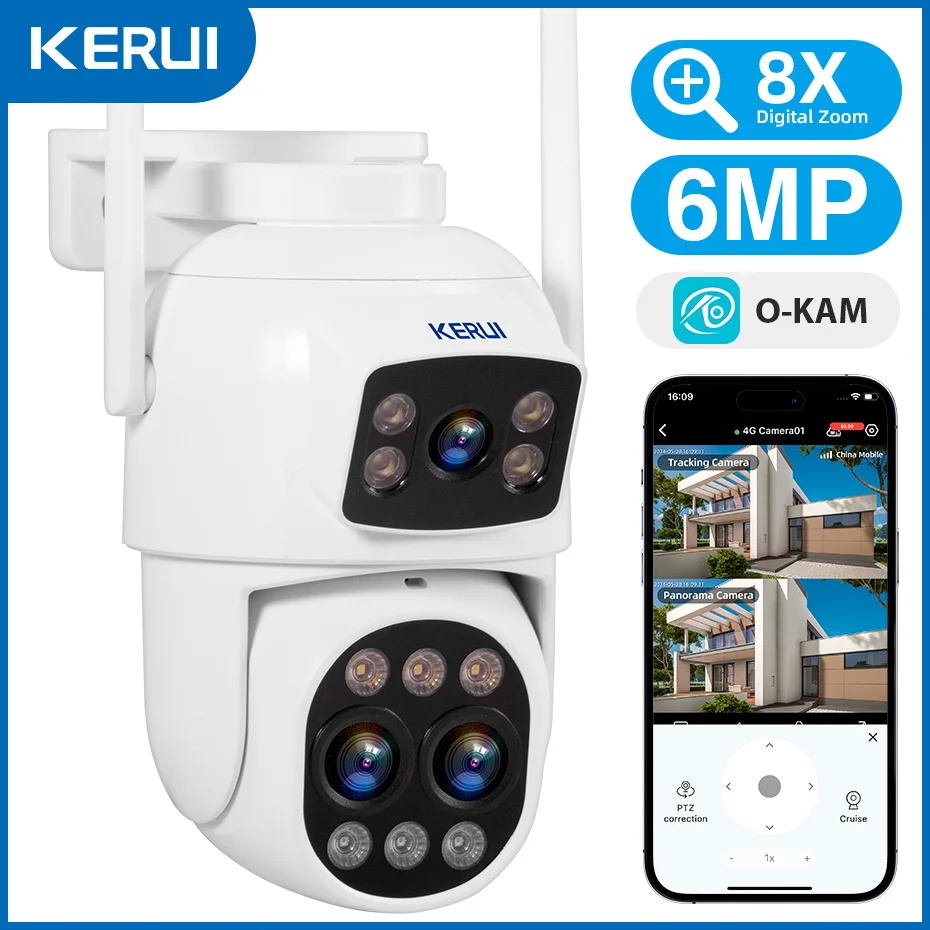 

KERUI 6MP Home Security Outdoor Wireless WIFI IP Camera PTZ Three Lens 8X Digital Zoom Dual Screen CCTV surveillance Video