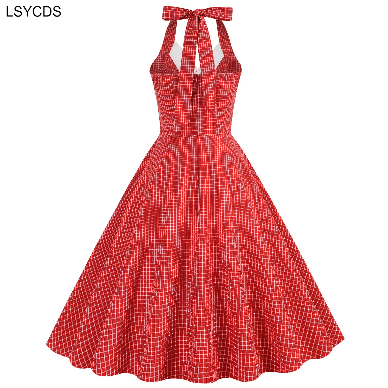 Lsycds feminino botão até xadrez vintage ajuste e alargamento vestido 2024 verão sem mangas pinup robe halter sem costas vestidos de festa à noite