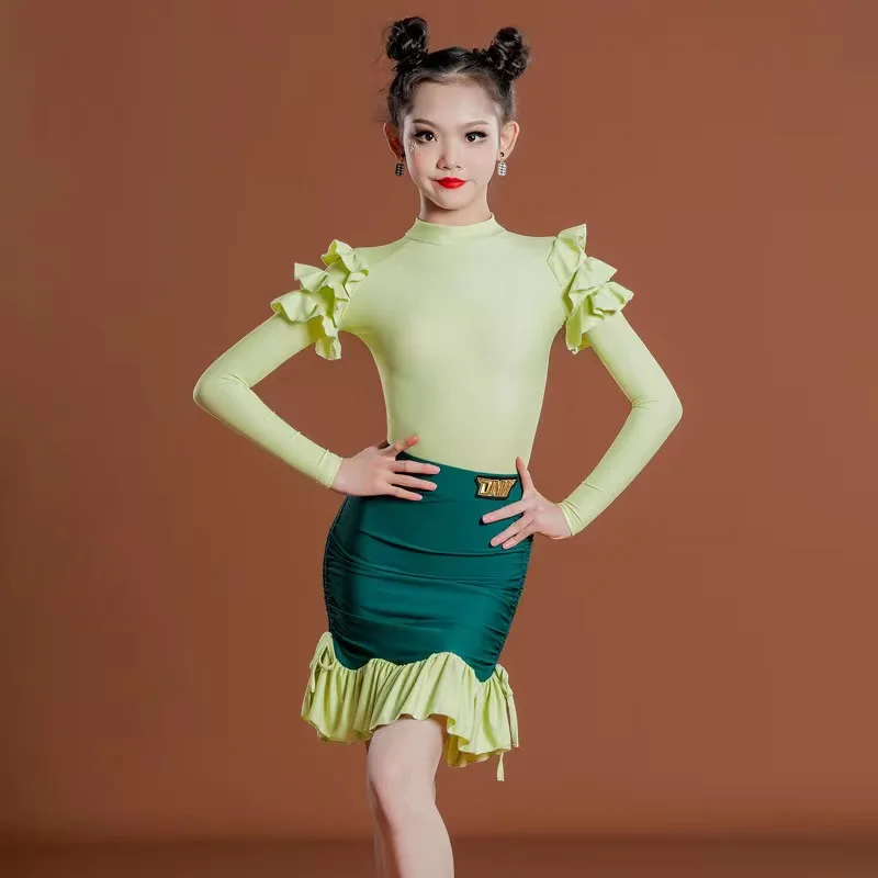 

2023New Latin Dance Dress Girls' Stage Performance Costume Split Set Children's Long Sleeve Top and Skirt Dance Practice Costume