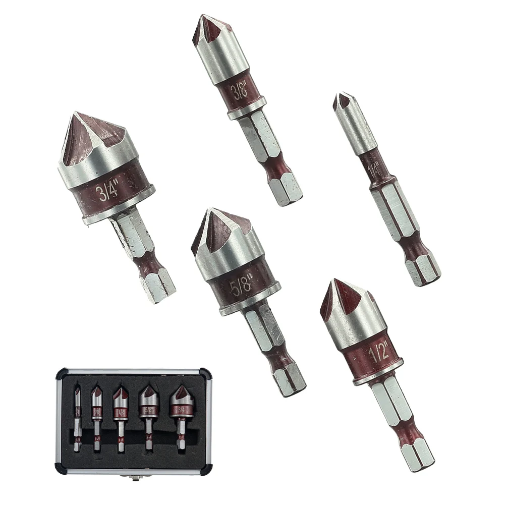 

5pcs 5-Flute Countersink Drill Bit 82-Degree Chamfer 3/4 5/8 1/2 1/4 3/8inch Counter Sink Drill Bit For Metals Plywood Drilling