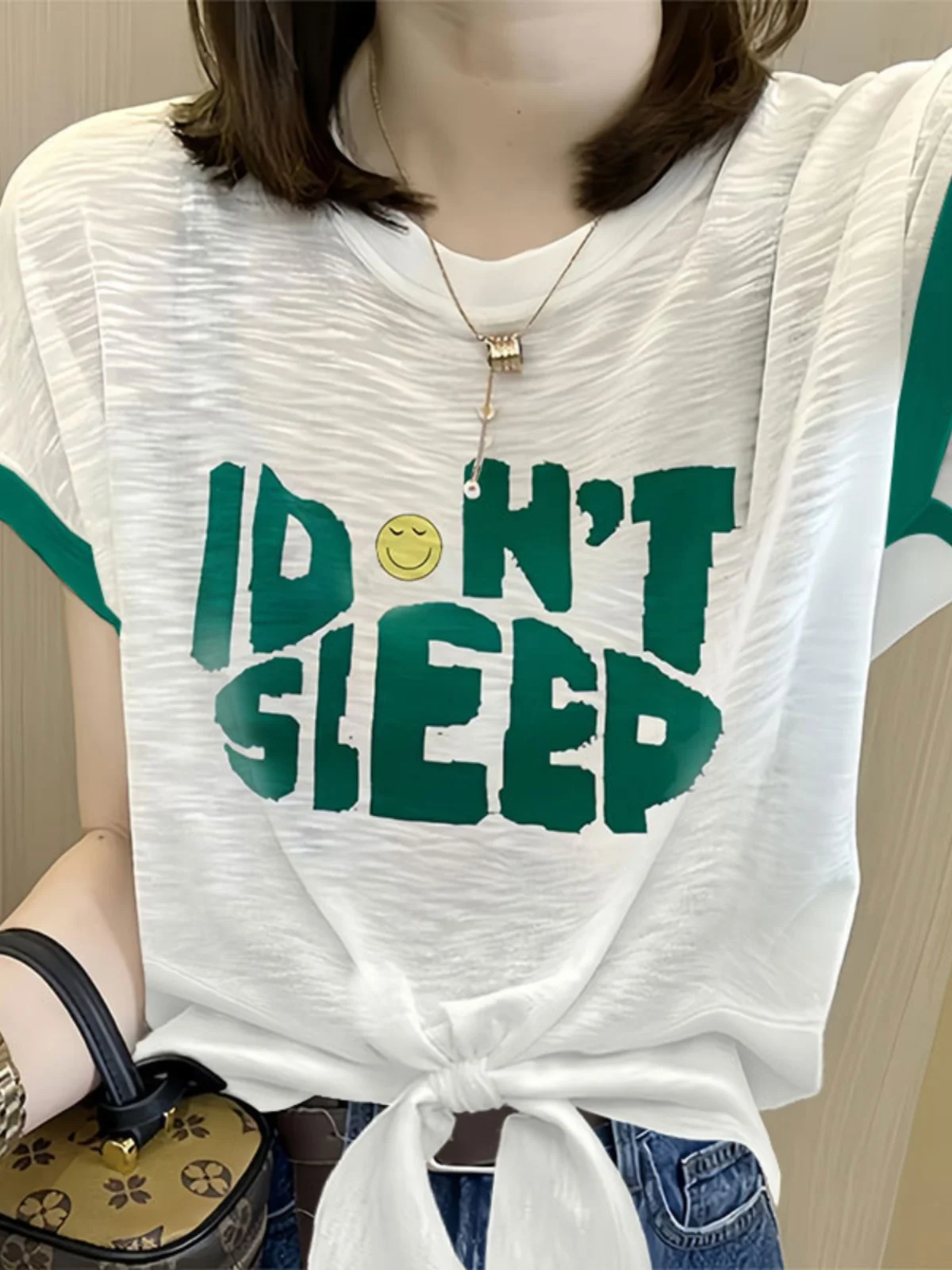Trendy Letter Print Bamboo Cotton T-Shirt Short Sleeve Women's Summer Thin Style Korean Version Belt Design Top