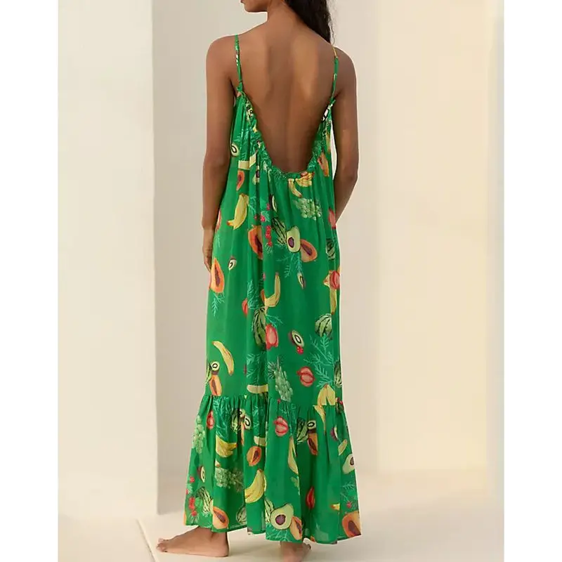 Combhasaki Vrouwen Zomer Verstelbare Spaghetti Band Backless Y2K Fruit Print Verstoorde Trim Backless Loose Fit Slip Cami Lange Jurk