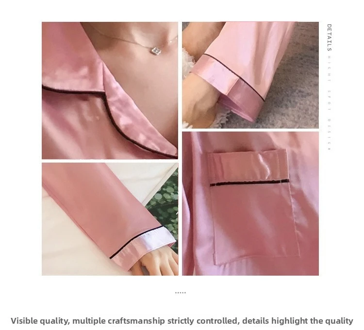 Pijamas de seda fina para mujer, ropa de casa con cuello holgado, pantalones largos de manga larga, conjunto de dos piezas, ropa de dormir femenina, primavera y otoño