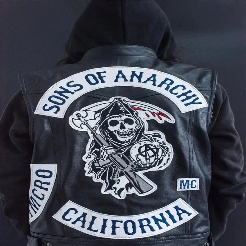 ABC123Leather Men Motorcycle Cosplay Costume Sleeveless Jacket Sons An Embroidery Rock Punk PU Vest V Neckb;6'j,k.9;a view 2