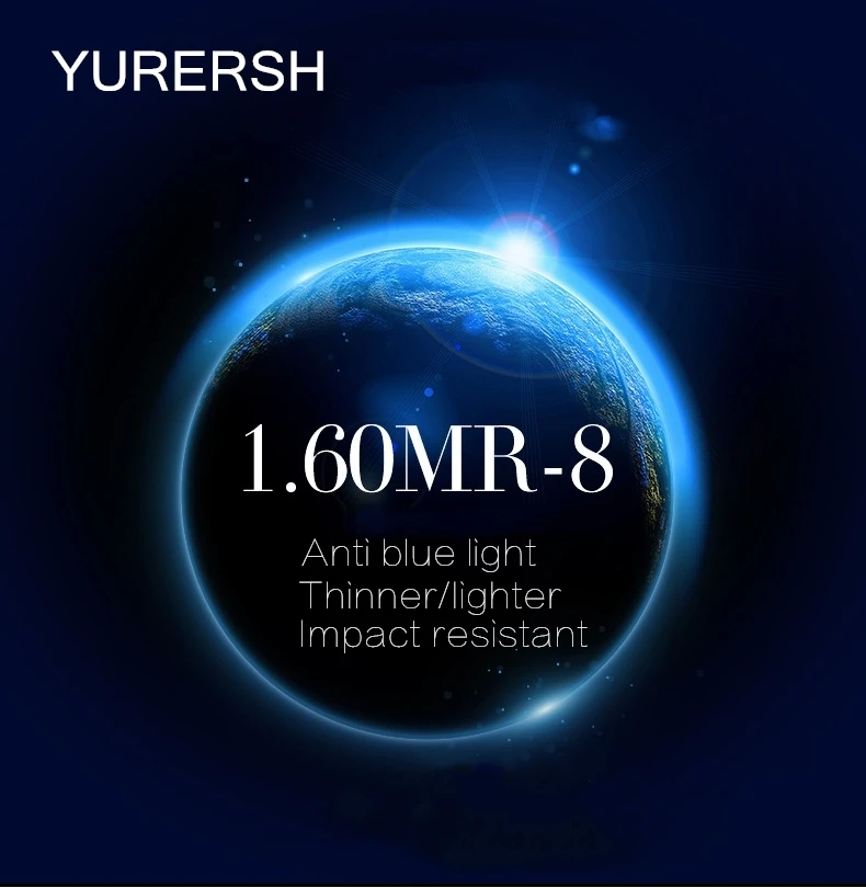 YURERSH 1.60 Index Glasses Super Tough MR-8 Lenses Hardness Anti Blue Light Lens Thin Myopia Prescription Half Frame/No Frame