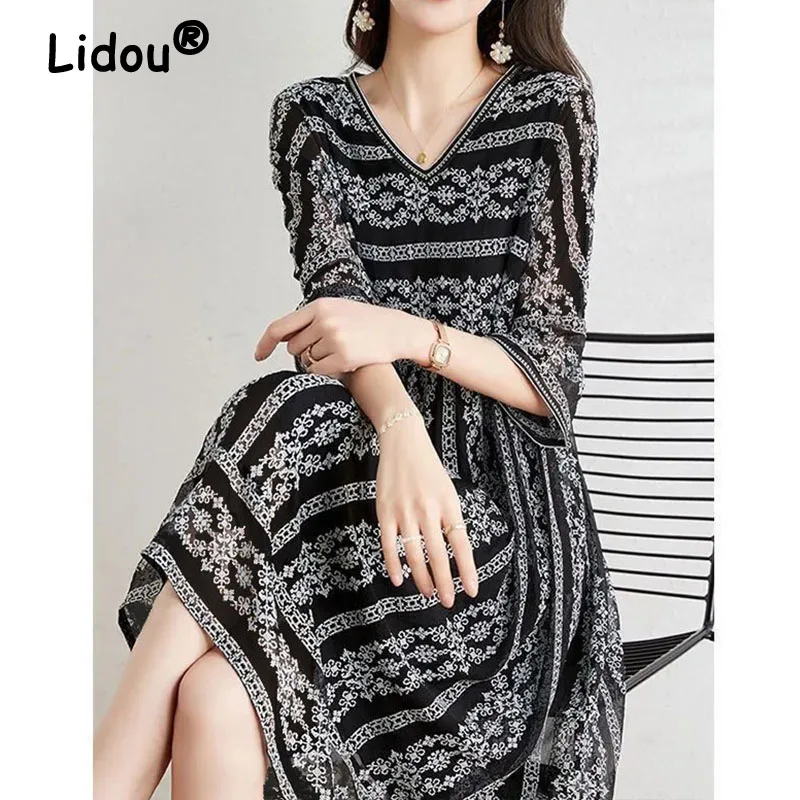 Women's Half Sleeve Printed Midi Dress, V-Neck, Elegant Fashion, Office Lady, Temperament, Summer, New, 2022