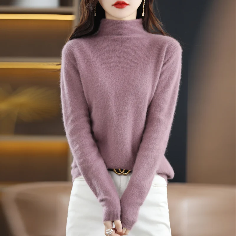 Mink Sweater Women's Knitting Half High Collar Base Coat Autumn And Winter New Style Slim Solid Color With Long Sleeve  Pullover