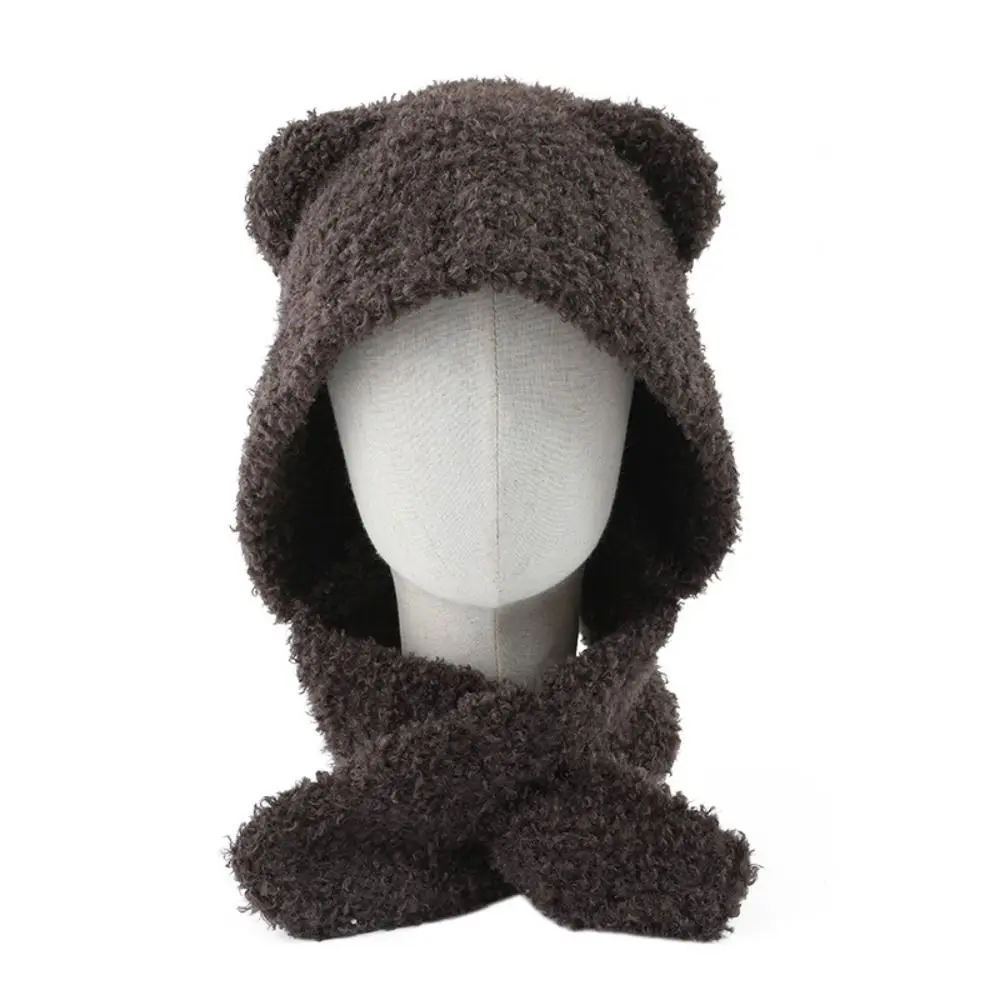 Cartoon Warm Plush Bear Ear Hat Velvet Cap Cute Beanies Ear Protection Cartoon Hat Scarf Integrated Winter