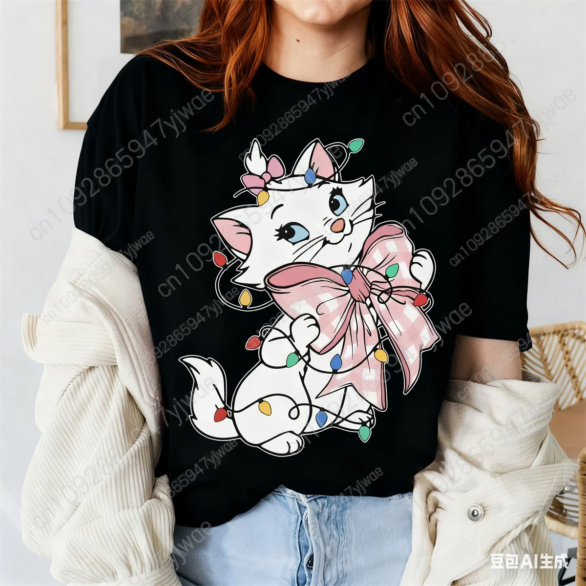 Cute Marie Cat Coquette Bow Christmas Lights Shirt the Aristocats T-shirt Very Merry Christmas Party Tee Summer Women's T-shirt