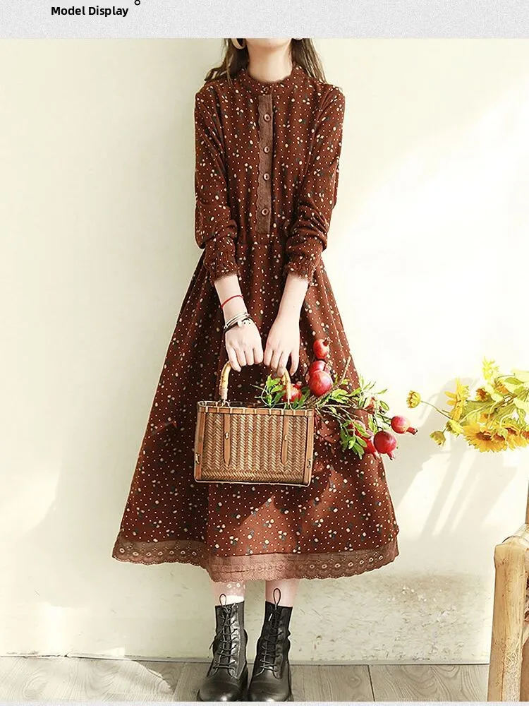 Rétro coton lin longue Sve imprimé fleuri Dr taille cintrée sur le genou longueur printemps automne saison une ligne jupe bouton unique