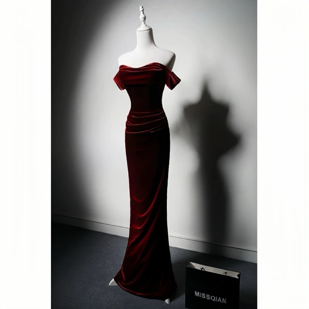 

Burgundy Velvet Mermaid Cocktail Dress Pleated Off Shoulder Evening Banquet Host Toast Costume Bridal Wedding Party Prom Gown