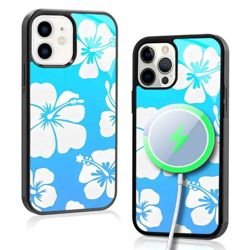 Blue Hibiscus Phone Case For IPhone 11 12 13 14 15 Plus Pro Max Mirror Acrylic Cover For Magsafe Wireless Charging