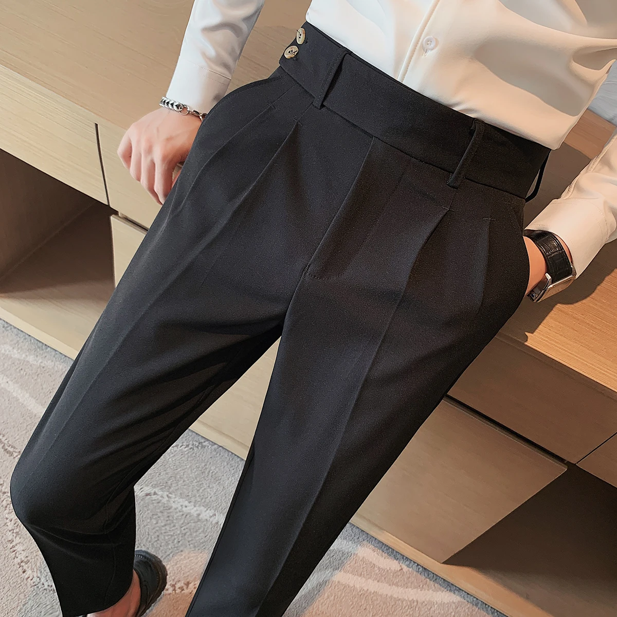 British Style Twill Pleat Design Naples High Waist Casual Trousers Fashion Man Slim Simple Social Party Suit Pant Plus Size 38