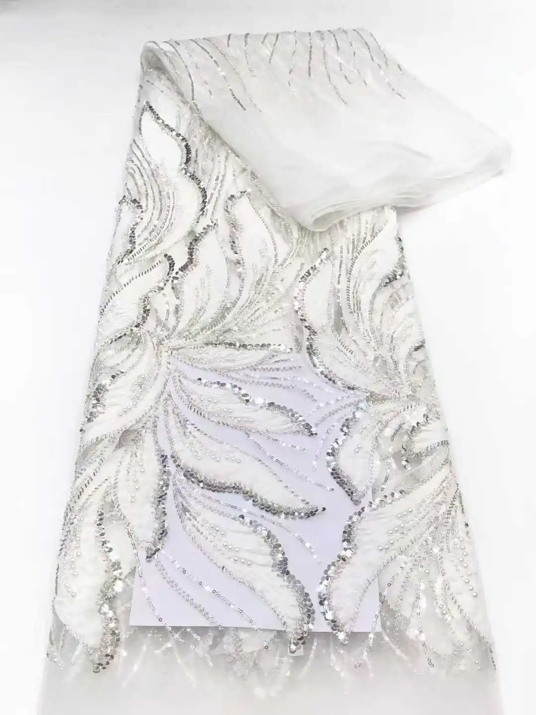 

Luxury African Lace Nigerian Tulle Fabric High Quality French Beaded Sequins Embroidery Fabric For Wedding Sew -CD