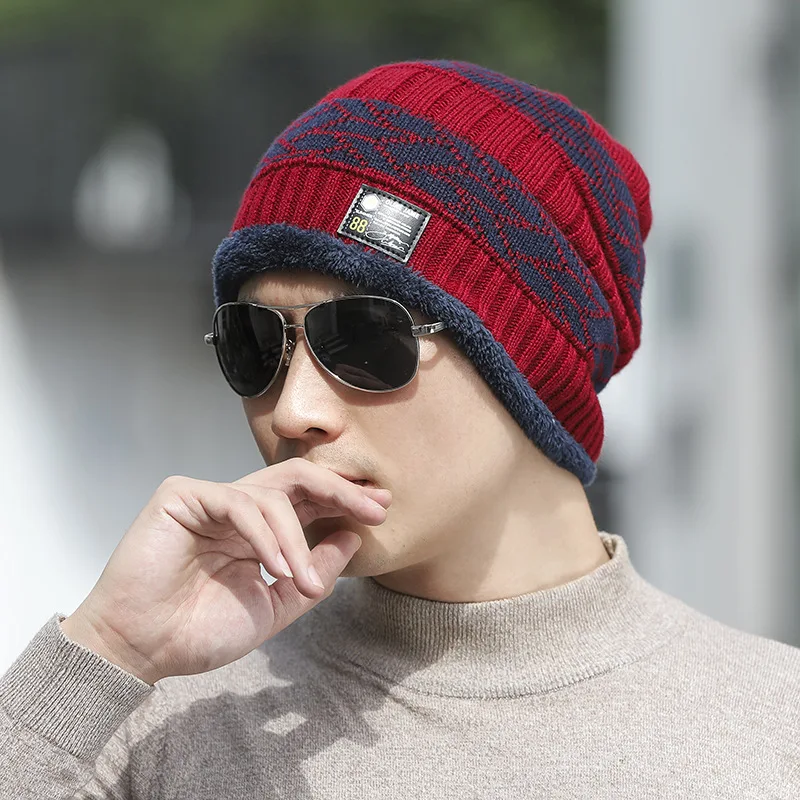 New Autumn Winter Men Windproof Hat Fleece Cycling Thickened Knitted Hat Fashionable Ear Protection Warm Beanie Cap