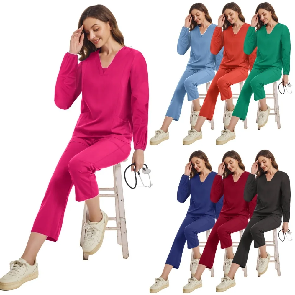 

Hospital Scrub Uniform Suit Surgical Uniforms Solid Color Clinical Beauty Salon Spa Workwear Top Pants Pharmacy Work Clothes